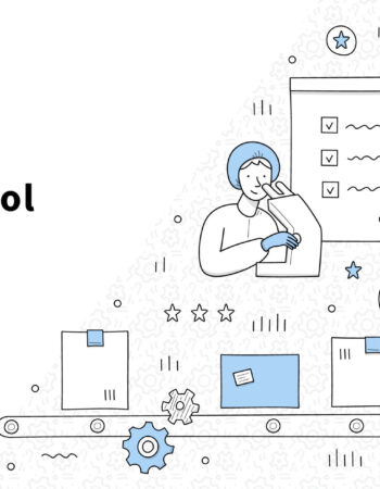 Quality control doodle landing page. Inspectors testing production on conveyor belt and with microscope. Product manufacturing, safety , inspection, warranty certificate, Line art vector web banner