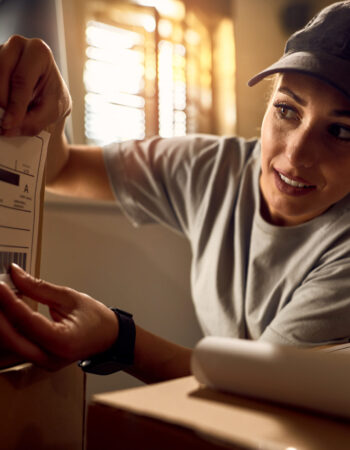 Young delivery woman preparing packages for shipment and attaching data label on carboard box in the office.