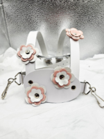 White leather toddler walking safety harness reins with pink & white leather flowers - Image 2