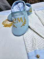 Deluxe Baby blue leather slippers embroidered crest